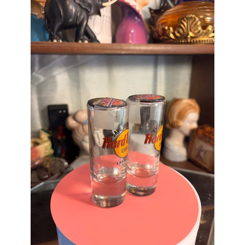 Hard Rock Cafe Las Vegas Save The Planet Shot Glass Pair with Pin Backs Clear